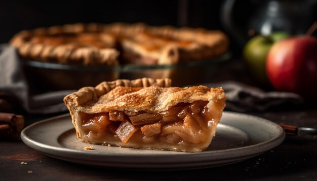 Torta di mele appena sfornata su piatto di legno rustico generato da AI