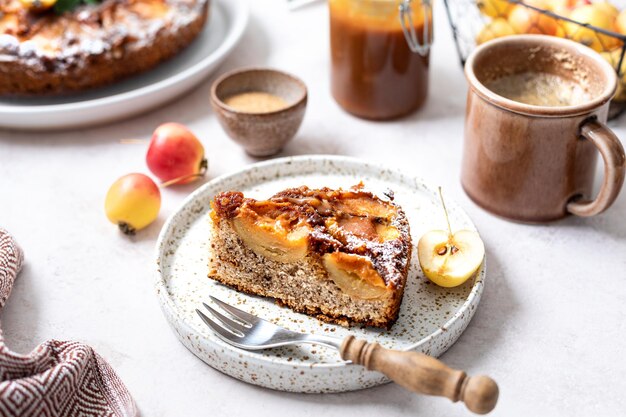 Torta di tarte tatin fatta in casa con mele e noci su sfondo beige Messa a fuoco selettiva della torta di mele francese