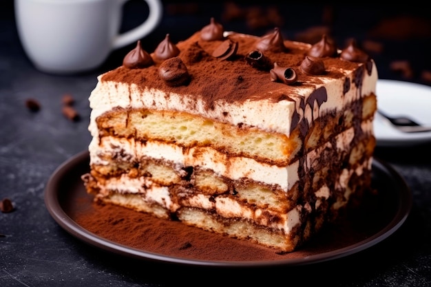 Torta di tiramisu con cacao e caffè su sfondo nero