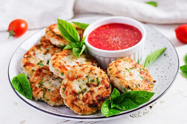 Tortini deliziosi della carne di pollo e del riso con salsa al pomodoro dell'aglio