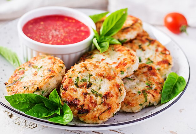 Tortini deliziosi della carne di pollo e del riso con salsa al pomodoro dell'aglio