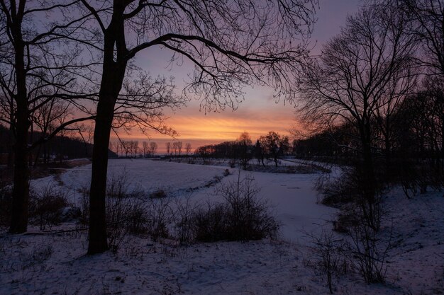 Tramonto affascinante vicino allo storico castello di Doorwerth durante l'inverno in Olanda