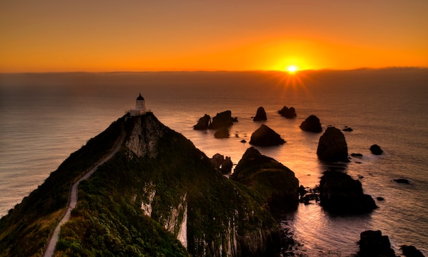 Tramonto al punto di Nugget, isola del sud della Nuova Zelanda