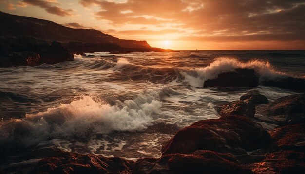 Tramonto su tranquille onde marine che si infrangono dolcemente generate dall'intelligenza artificiale