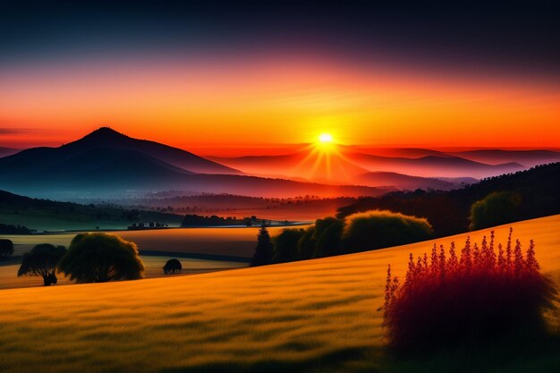 Tramonto su un campo con colline e montagne sullo sfondo