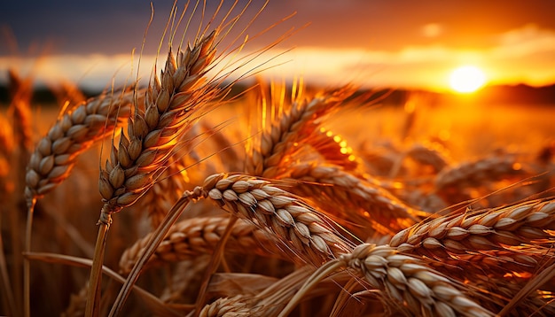 Tramonto su un campo di grano dorato, raccolto abbondante della natura generato dall'intelligenza artificiale