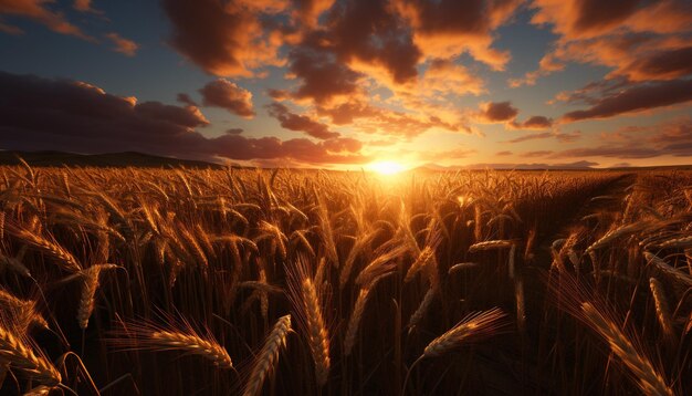 Tramonto sulla bellezza della natura di una fattoria rurale con colori vivaci generati dall'intelligenza artificiale