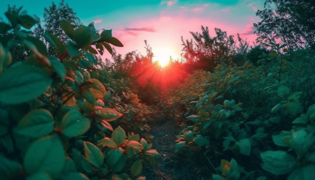 Tramonto sulla foresta tranquilla scena di bellezza generata dall'intelligenza artificiale