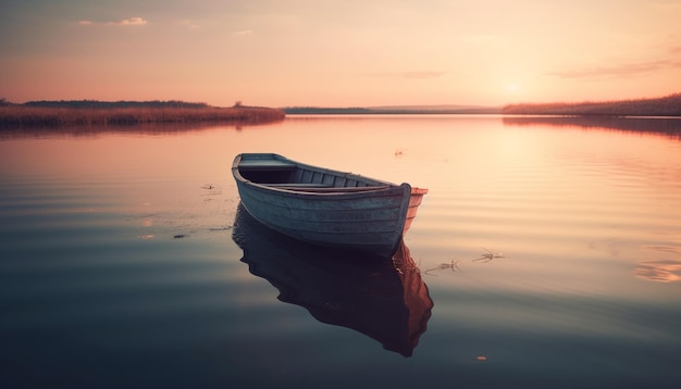 Tramonto tranquillo sulla casa di trasporto in barca a remi generata dall'intelligenza artificiale