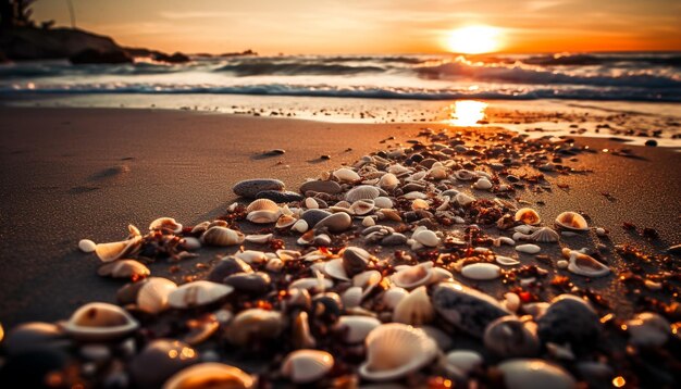 Tranquillo paesaggio marino al tramonto guscio animale primo piano generato dall'intelligenza artificiale