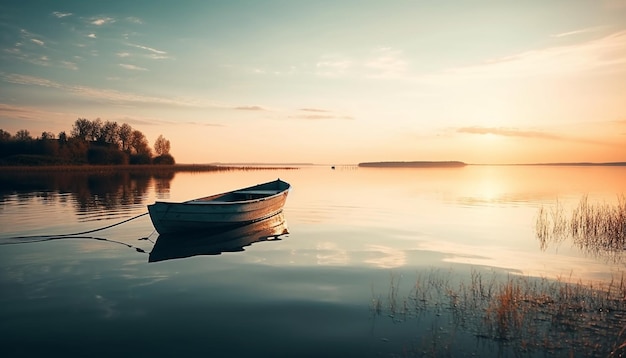 Tranquillo tramonto sulle vele della nave nautica d'acqua generate dall'intelligenza artificiale