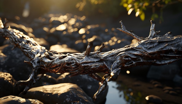 Tranquillo tramonto vecchio albero acqua autunno lascia la bellezza della natura generata dall'intelligenza artificiale