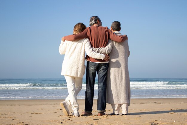 Tre amici senior che godono di una splendida vista sul mare in riva al mare. Un uomo dai capelli grigi con un maglione marrone al centro e due donne che si abbracciano e parlano. Vista posteriore. Amicizia, famiglia, concetto di viaggio