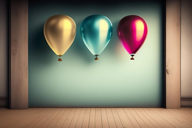 Tre palloncini su una parete con uno sfondo chiaro