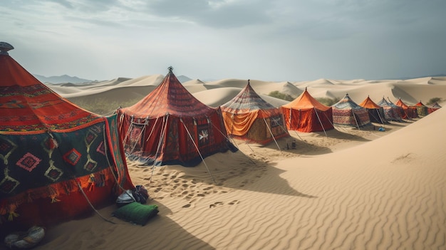 Tribù nomadi che allestiscono tende colorate in mezzo alle infinite dune di sabbia