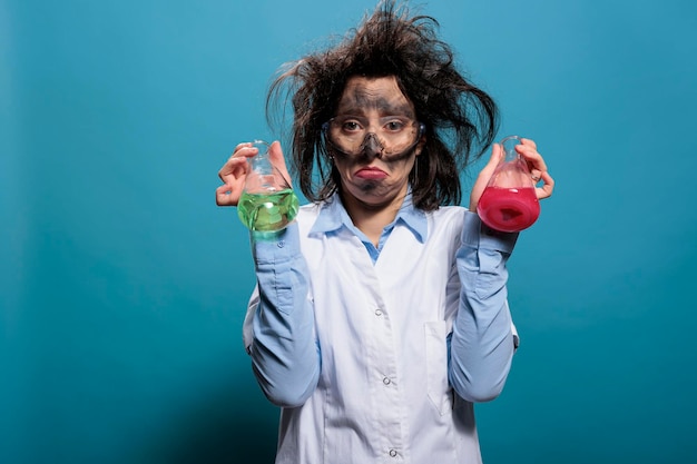 Triste chimico lunatico che tiene boccette di vetro piene di composti chimici dopo l'esplosione del laboratorio. Scienziato pazzo sconvolto con la faccia sporca e i capelli disordinati con i bicchieri pieni di sostanze liquide