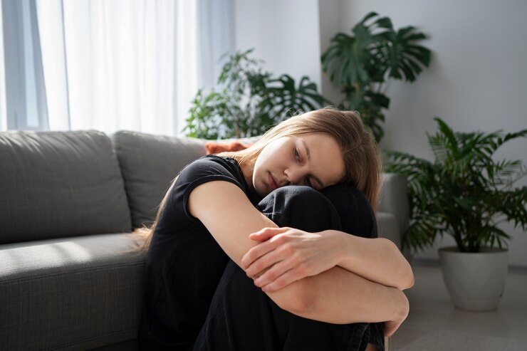 Foto gratuito triste giovane donna a casa
