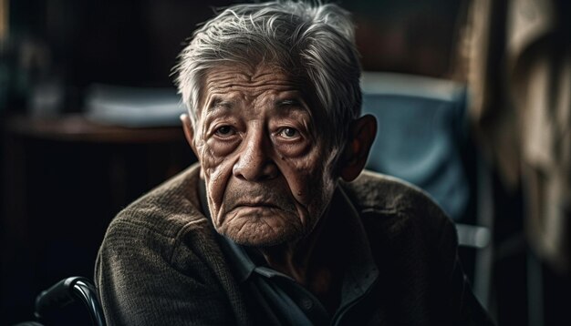 Triste uomo anziano dai capelli grigi guarda nella fotocamera generata dall'intelligenza artificiale