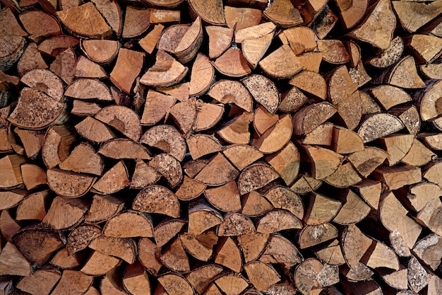 Tronchi di legno, travi, legna da ardere, telaio. Tanto legno. Fondo di legno del ceppo di legno. Carburante. La raccolta della legna da ardere per l'inverno. Registrazione