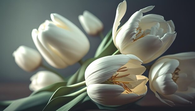 Tulipani bianchi su uno sfondo sfocato scuro generativo Al