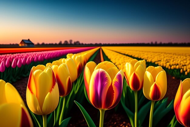 Tulipani in un campo con un tulipano rosa e giallo nel mezzo.