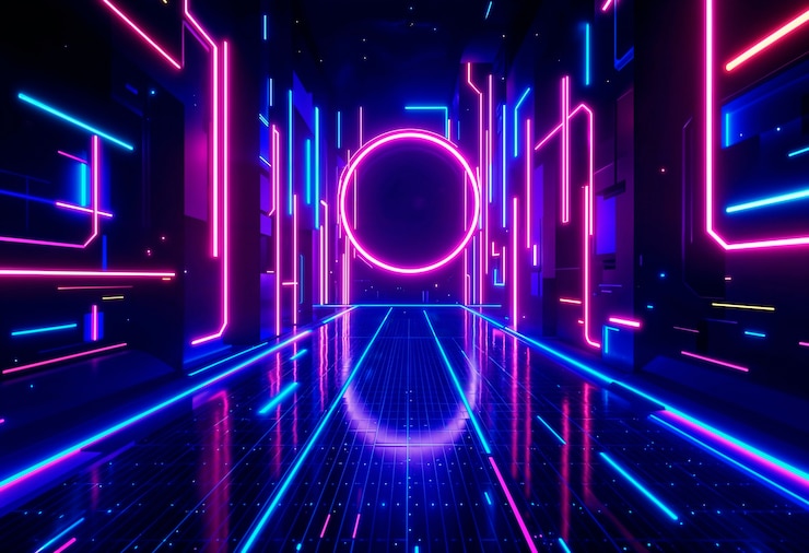 Foto gratuito tunnel al neon con un cerchio luminoso