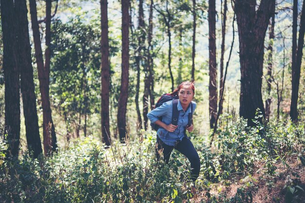 Turista con lo zaino che cammina nella foresta per andare in cima alla montagna.