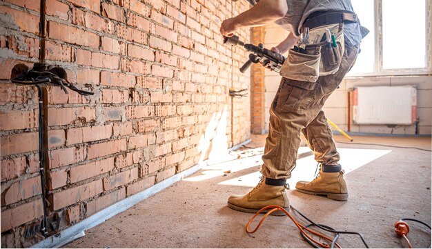 Tuttofare in un cantiere in procinto di perforare un muro con un perforatore