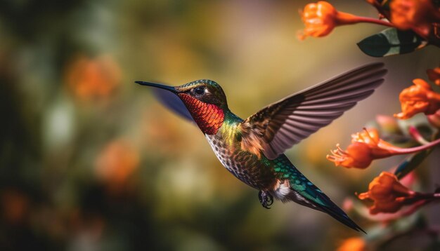 Uccello che sorvola un fiore viola in una voliera generata dall'intelligenza artificiale