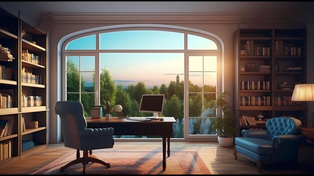 ufficio domestico virtuale realistico con vista dalla finestra
