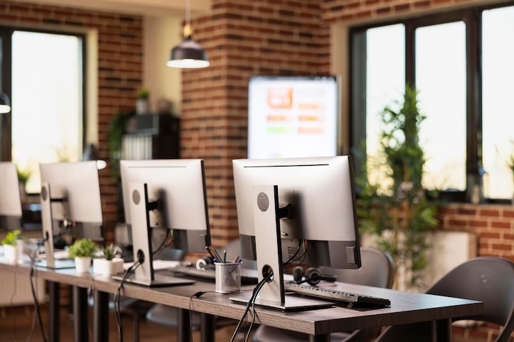 Foto gratuito ufficio moderno con postazioni di lavoro vuote