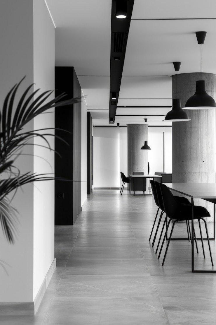 Foto gratuito ufficio moderno e minimalista in bianco e nero