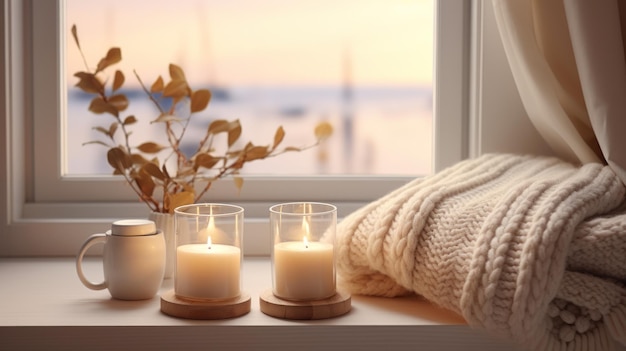 Un'accogliente scena di hygge con un maglione bianco e candele sul davanzale di una finestra