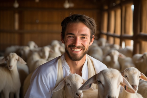 Un agricoltore che si prende cura di un allevamento di capre fotorealistico