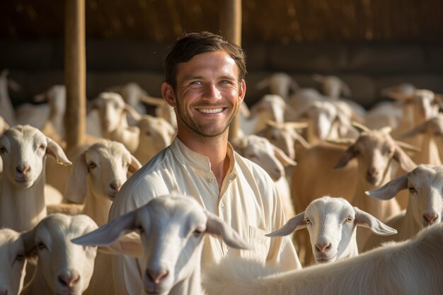 Un agricoltore che si prende cura di un allevamento di capre fotorealistico