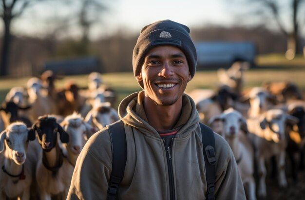 Un agricoltore che si prende cura di un allevamento di capre fotorealistico