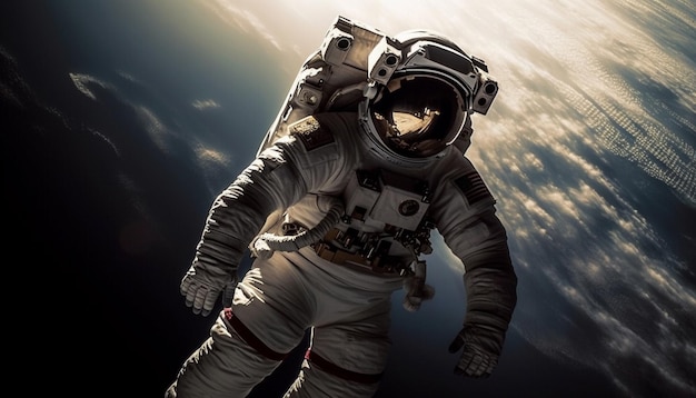 Un astronauta nello spazio con il sole alle spalle