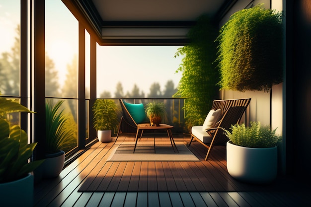 Un balcone con una parete verde e una sedia con un cuscino blu.