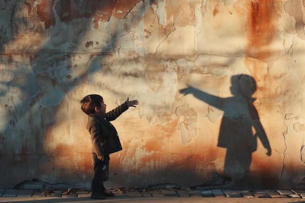 Un bambino adorabile che gioca con le ombre.