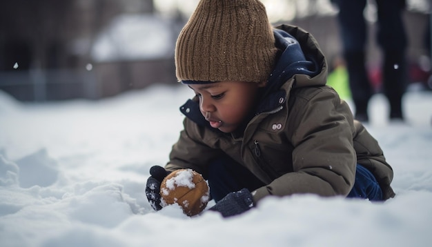 Un bambino gioca nella neve con una palla di neve.