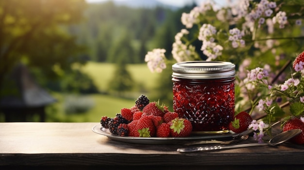 Un barattolo di marmellata di frutti di bosco su un tavolo antico con campi di fiori sullo sfondo