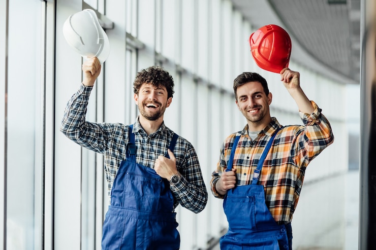 Foto gratuito un bell'operaio edile che condivide l'esperienza con un collega, tenendo il casco