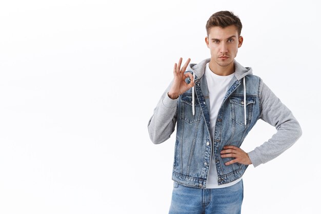 Un bell'uomo gay sfacciato con i capelli biondi guarda la telecamera determinato e fiducioso, assicurando che tutto vada bene, mostra il segno OK, dai la sua parola, il miglior prodotto di sempre, approva, non dire male, consiglia l'oggetto o il servizio