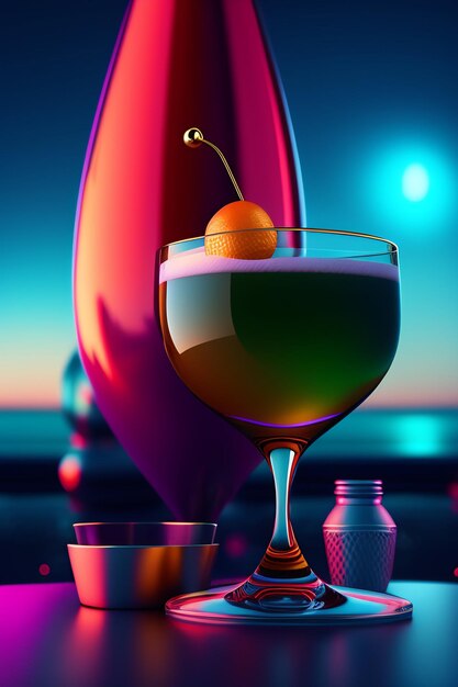 Un bicchiere colorato con sopra una ciliegia accanto a un vaso rosso.