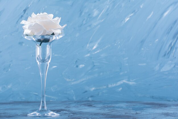 Un bicchiere da cocktail con fiore di rosa bianca sul blu.