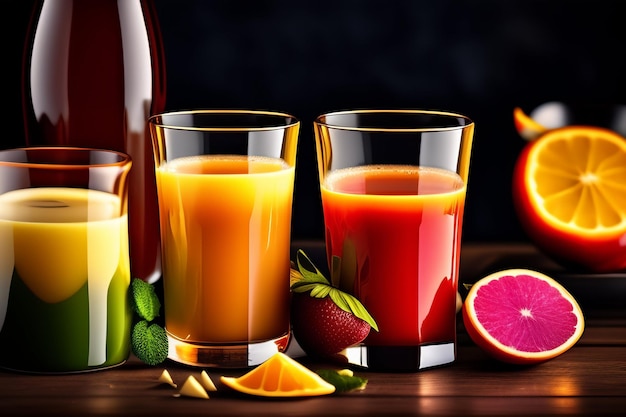 Un bicchiere di succo d'arancia con un'immagine di frutta sulla destra.