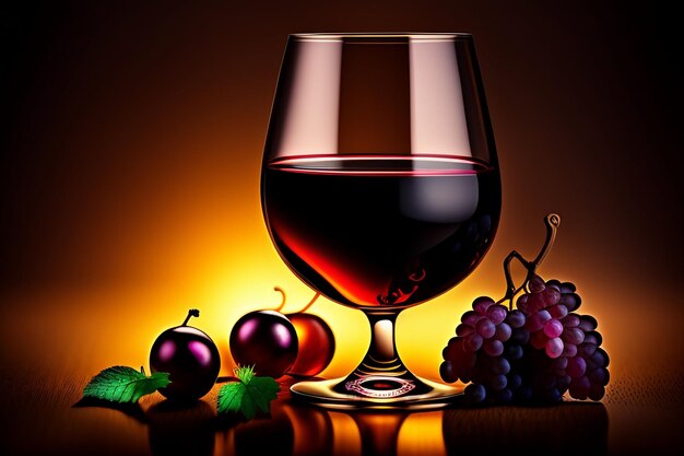 Un bicchiere di vino rosso con uve sul tavolo