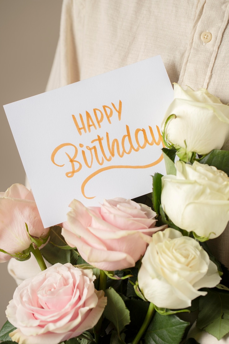 Foto gratuito un biglietto di compleanno con un arrangiamento di fiori