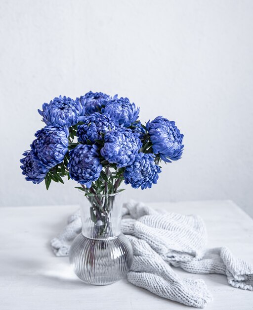 Un bouquet di crisantemi blu in un vaso di vetro e un elemento a maglia su uno sfondo bianco, copia dello spazio.