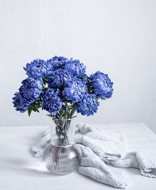 Un bouquet di crisantemi blu in un vaso di vetro e un elemento a maglia su uno sfondo bianco, copia dello spazio.